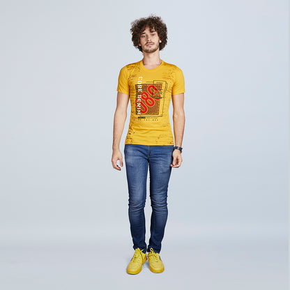 Men's Half Sleeve Yellow Designer Print T-Shirt