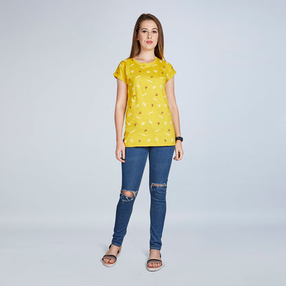 Women's Half Sleeve Tasty Ice-cream Pattern Yellow T-Shirt