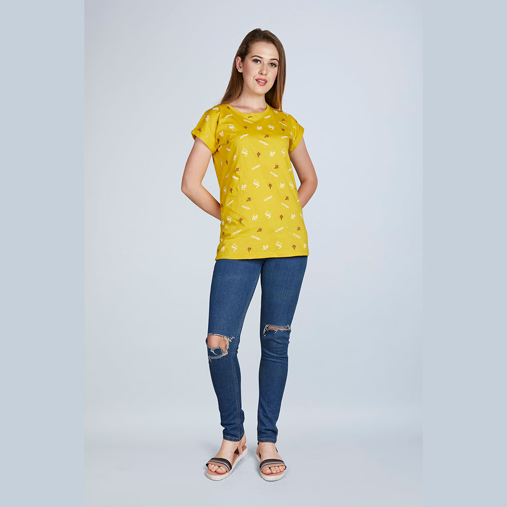 Women's Half Sleeve Tasty Ice-cream Pattern Yellow T-Shirt