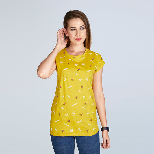 Women's Half Sleeve Tasty Ice-cream Pattern Yellow T-Shirt