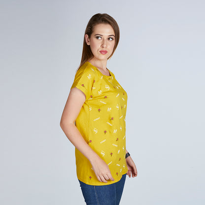 Women's Half Sleeve Tasty Ice-cream Pattern Yellow T-Shirt