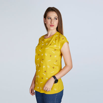 Women's Half Sleeve Tasty Ice-cream Pattern Yellow T-Shirt