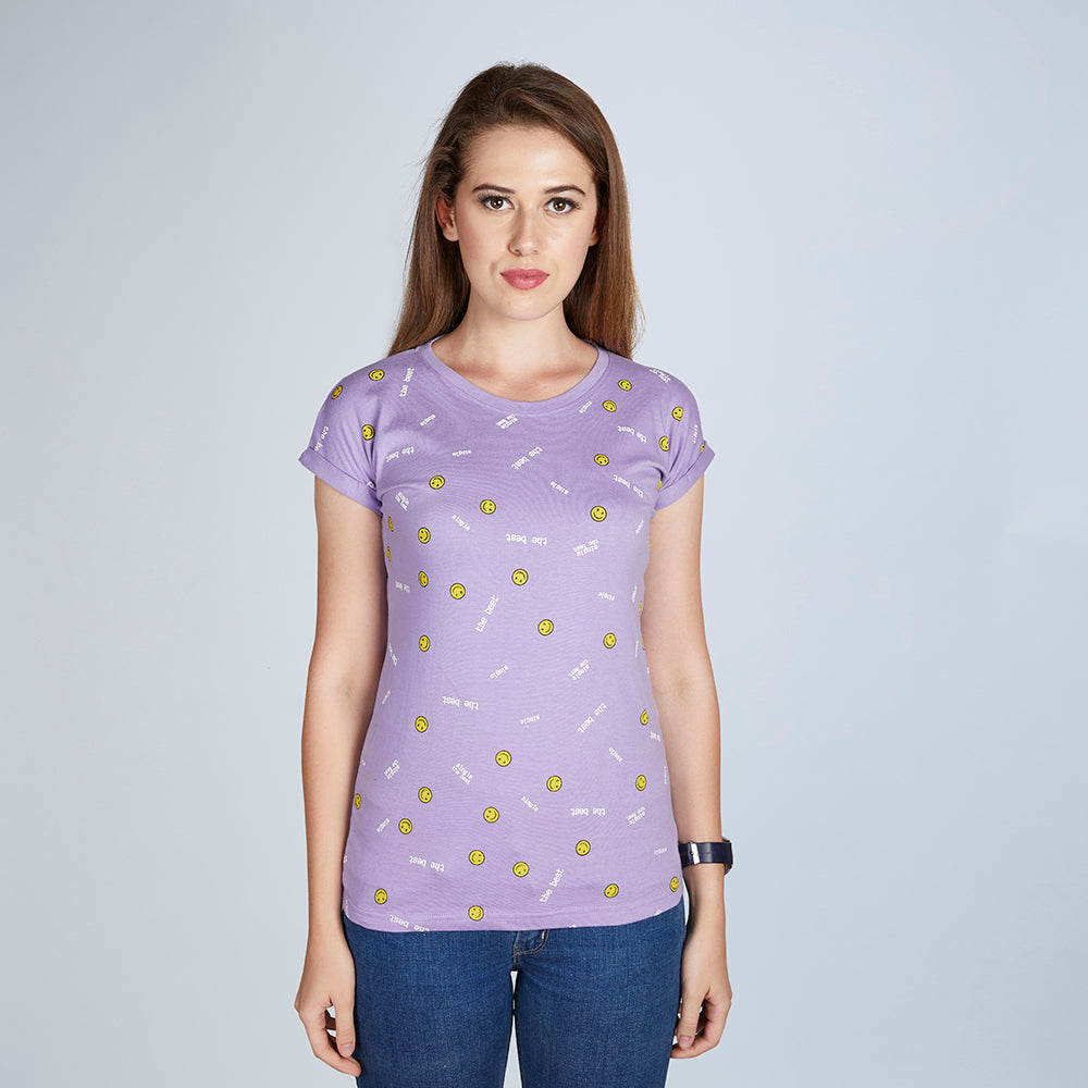 Women's Half Sleeve Smiley Pattern Violet T-Shirt