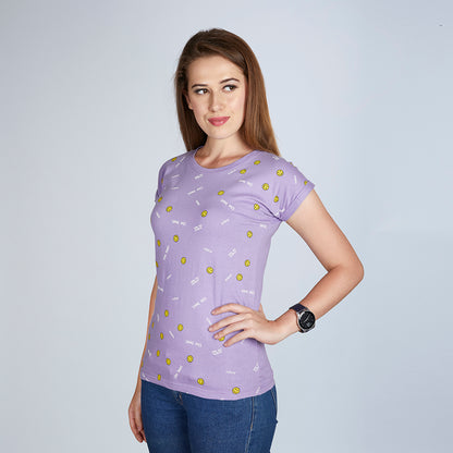 Women's Half Sleeve Smiley Pattern Violet T-Shirt