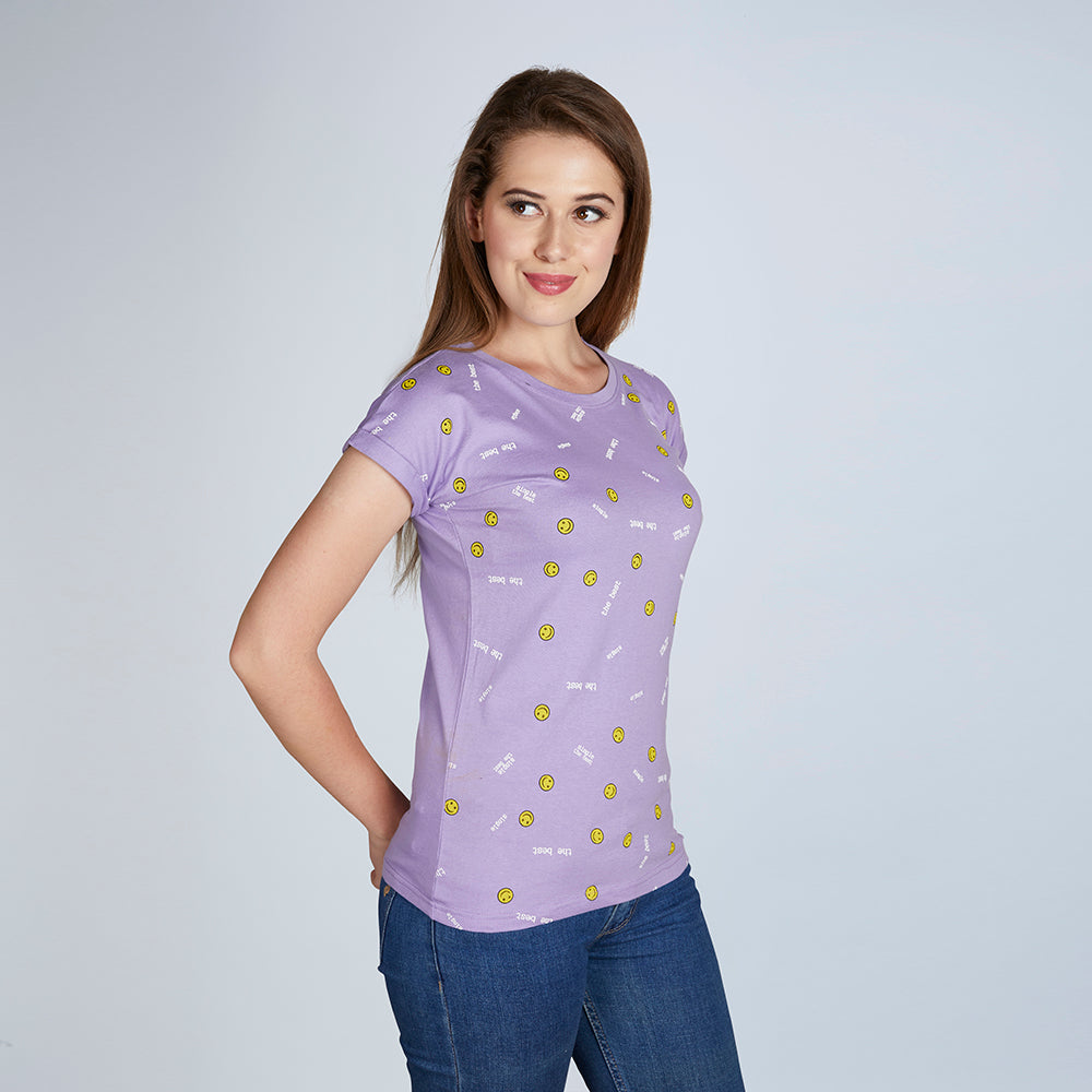 Women's Half Sleeve Smiley Pattern Violet T-Shirt