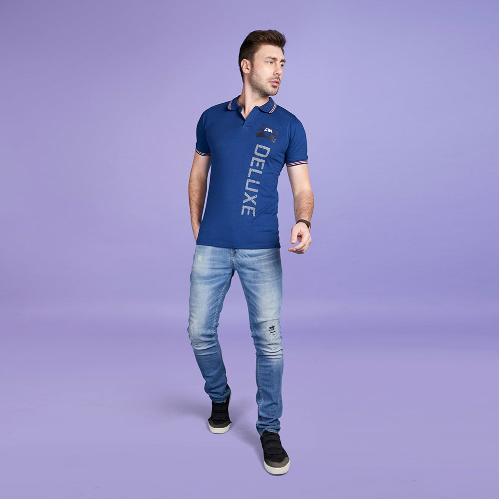 Men's Half Sleeve Blue Typography Collar T-Shirt