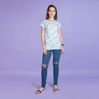 Women's Half Sleeve Fruit Pattern Blue T-Shirt