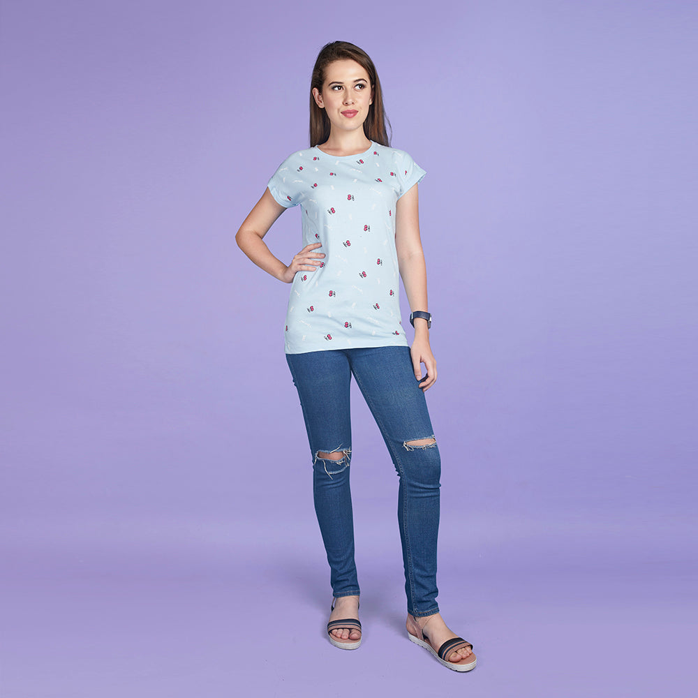 Women's Half Sleeve Fruit Pattern Blue T-Shirt