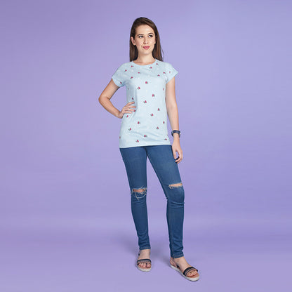 Women's Half Sleeve Fruit Pattern Blue T-Shirt