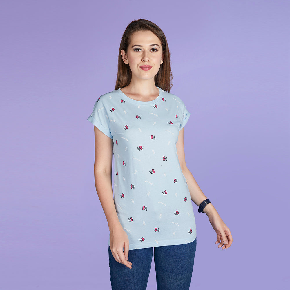 Women's Half Sleeve Fruit Pattern Blue T-Shirt