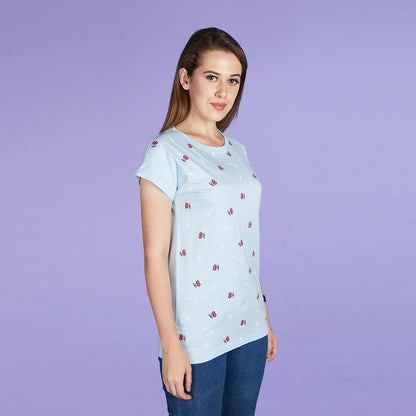 Women's Half Sleeve Fruit Pattern Blue T-Shirt